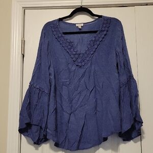Spense Blue Bell Sleeve Blouse with Ruffled V-Neck